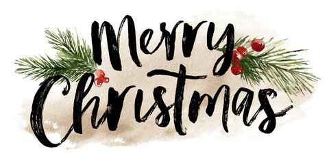 Calligraphic handwritten Merry Christmas inscription in vintage style with spruce branches and red berries on an old paper background