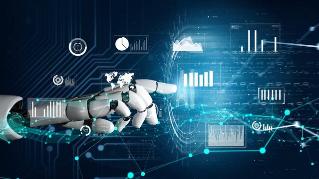 A futuristic robotic hand interacts with various data visualizations and digital graphs, symbolizing the integration of technology and data-driven innovation in modern industries. Xenic