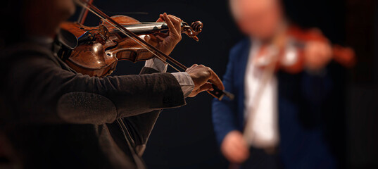 A close-up view of musicians performing on violins during a classical concert, showcasing the elegance and precision of live orchestral performance.