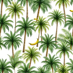 Obraz premium Lush tropical pattern with palm trees and bananas on black