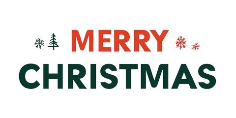 Graphic Merry Christmas inscription in a minimalist style in red and green colors, decorated with flat snowflakes on a white background — a christmas greeting card
