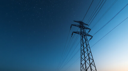 Electricity Pylon Silhouette at Night: A tall electricity pylon stands against a backdrop of a starlit, blue-hued night sky, highlighting energy transmission.