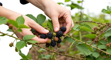 Hands carefully picking ripe blackberries from a thorny bush in a garden