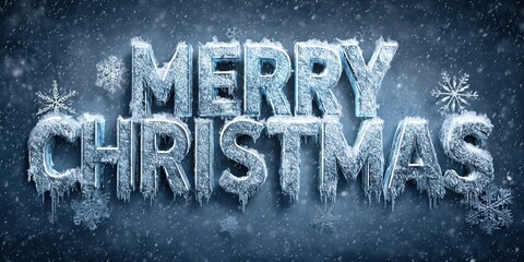 Volumetric 3D Merry Christmas inscription in ice text style with icicles, surrounded by snowfall and snowflakes on a textured blue background — a winter greeting