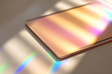 Gold or rose-gold tablet with reflection of spring sunlight and iridescent glare on the screen, showing modern technology