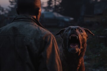 Angry, menacing dog snarling and showing fangs, looking directly at a man, gloomy forest or abandoned area at sunset