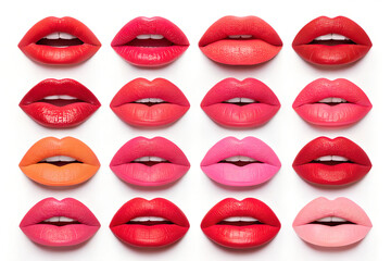 Obraz premium Variety of colorful lipsticks on lips displayed against white background for beauty concept