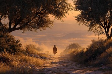 A solitary figure in simple clothing resembling Jesus walks an illuminated path surrounded by bushes and trees towards a mountainous valley shrouded in mist against an orange-golden sunrise