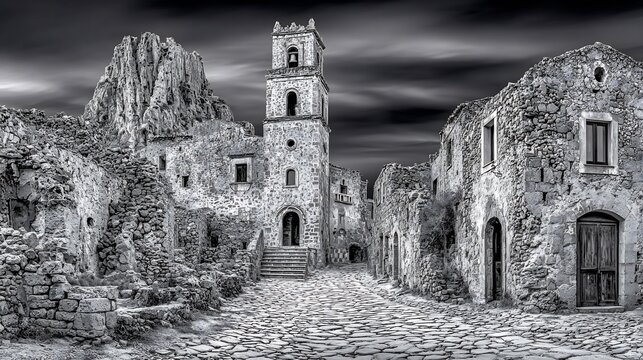 Ancient stone structures and a towering bell tower stand under a dramatic, overcast sky, creating a somber scene.