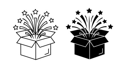 Explosion of stars and fireworks from an open box, isolated on white background