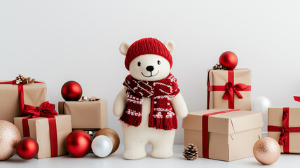 Cute polar bear figurine in knitted hat and scarf with Christmas presents and decorations. Warm holiday greeting card concept.