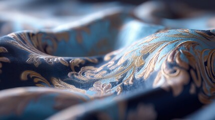 Macro close-up of luxurious jacquard or damask fabric in blue and gold colors with a rich baroque or damask pattern, draped in soft waves with shallow depth of field