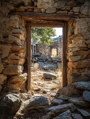 Stone doorway in the ruins of an ancient or abandoned building, opening onto a view of a sunny green mountain landscape overgrown with trees and bushes