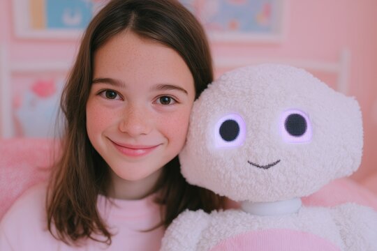 Teenage girl with humanoid robot assistant in pastel bedroom friendly futuristic portrait - Powered by Adobe