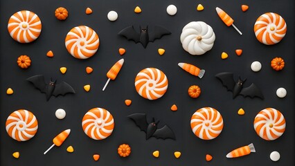 Whimsical halloween flat lay with candies pumpkins and bats on black background
