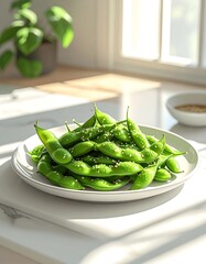 Freshly cooked edamame on a white plate, bathed in sunlight