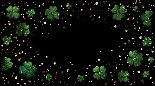 Dark background with scattered green shamrocks and shimmering bokeh lights, creating a festive atmosphere. - Powered by Adobe