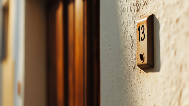 Close-up of house number thirteen with a doorbell, affixed to an exterior wall. Door is out of focus in the background. Warm light bathes the scene. - Powered by Adobe