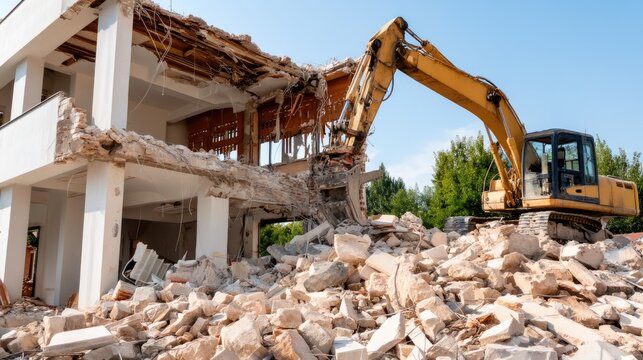 Large excavator works on tearing down a damaged structure, surrounded by rubble and debris, on a sunny afternoon