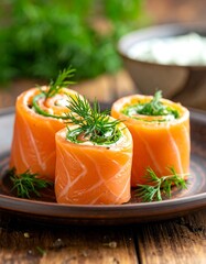 Three salmon rolls, filled with a creamy mixture, are artfully arranged on a rustic plate. Fresh dill sprigs garnish the rolls.  A hint of cream cheese or similar filling is visible