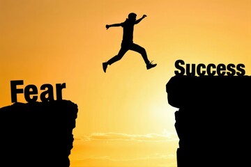 Silhouette man jumping over a gap from Fear to Success