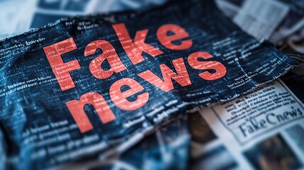 Conceptual image "Fake News": large red inscription "Fake News" on crumpled black and white newspaper, blurred background with printed materials. Media, disinformation, truth and lies