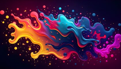 Abstract colorful explosion with vibrant neon colors, blending of pink, blue, yellow and orange , dynamic swirling shapes, dark background with splatters and drips.