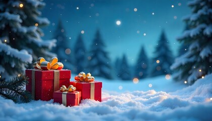 Christmas presents in a snowy forest with pine trees and a starry night sky , red and gold gift boxes, winter wonderland , festive atmosphere.