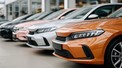 Obraz premium Row of white vehicles arranged neatly in an expansive indoor space with bright lighting and a sleek interior design