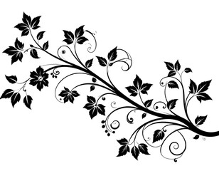 This image depicts a black and white floral vine silhouette featuring elegant swirls 
