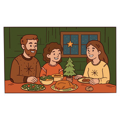 Warm cozy Christmas scene &mdash; a hand-drawn doodle illustration of a family enjoying festive dinner together. Glowing candles, delicious food, and joyful holiday atmosphere.
