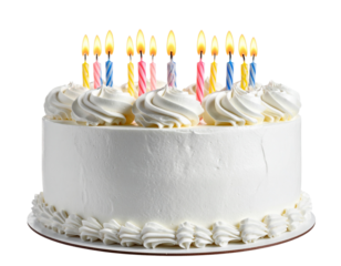 Birthday Cake with Colorful Candles and Frosting, Isolated on Transparent Background