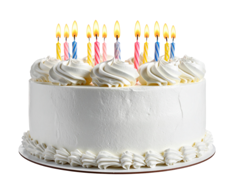 Birthday Cake with Colorful Candles and Frosting, Isolated on Transparent Background