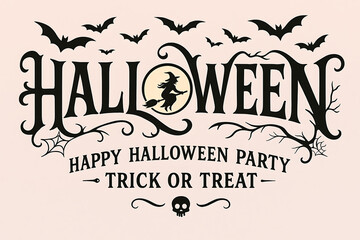 Halloween typography design with witch silhouette, flying bats, spooky skull and web for happy halloween party decoration