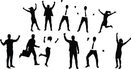 Silhouette business people jumping and celebrating success, teamwork and victory concept, corporate motivation and achievement vector illustration for professional design