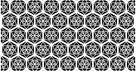 Complex hexagonal seamless pattern with star-shaped centers and geometric symmetry, rendered in elegant black and white contrast.