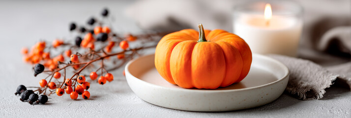 Pumpkin resting in a white ceramic bowl beside a lit candle, autumnal sprigs, cozy rustic setting.