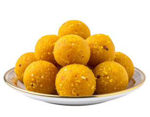 Delicious Besan Laddu on a Plate, Isolated on Transparent Background, Traditional Indian Sweet for Festive Celebrations