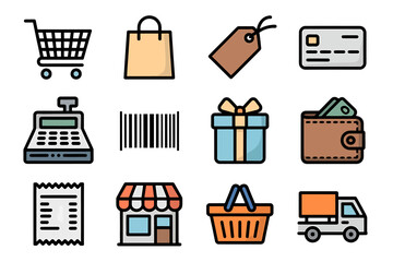 Colorful shopping and retail icons depicting a modern online buying experience with store delivery and digital payments