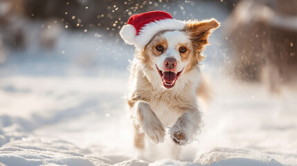 A playful dog wearing a Santa hat, frolicking in the snow. The dog's fur contrasts against the white snow, and its joyful expression captures the fun and excitement of the holiday season.