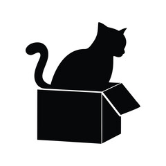 Silhouette of a cat sitting in a cardboard box on white background