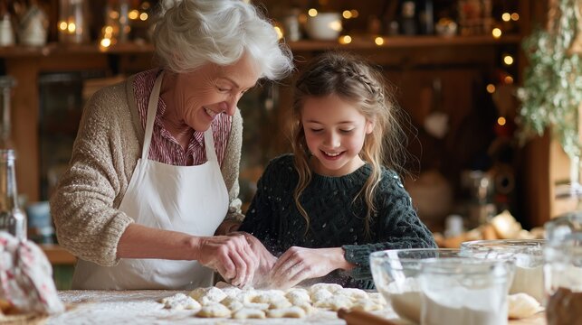 Grandmother and granddaughter baking cookies together in a cozy kitchen
