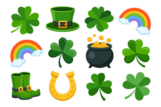 St Patricks Day elements featuring shamrocks leprechaun hat pot of gold rainbow and horseshoe in cartoon style for holiday celebration
