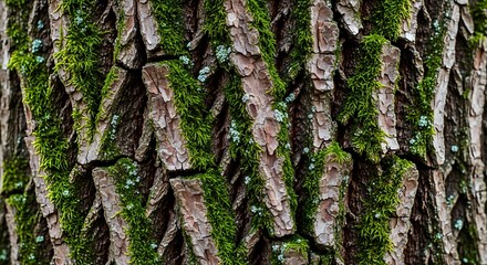 Obraz premium Detailed Close-Up of Textured Tree Bark with Green Moss.