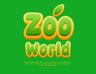 Vector Eco badge Zoo World. Bright Green and Yellow Font. Creative Alphabet Letters and Numbers