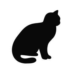 Black silhouette of a sitting cat looking to the right on white