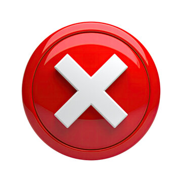A glossy red button with a white 'X' symbol, floating against a black background