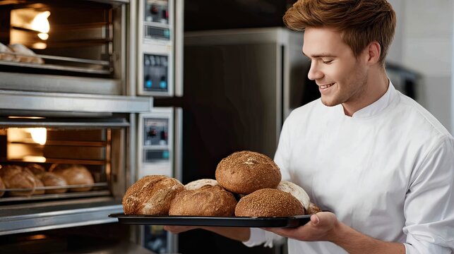 A young baker is smiling while holding a tray of freshly baked bread in a well-equipped kitchen with ovens in the background - Powered by Adobe