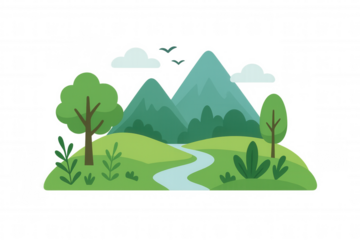 Green nature landscape vector drawing with mountains, hills, river, trees, and clouds on transparent background