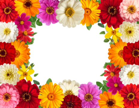 A frame of vibrant flowers on a transparent background  